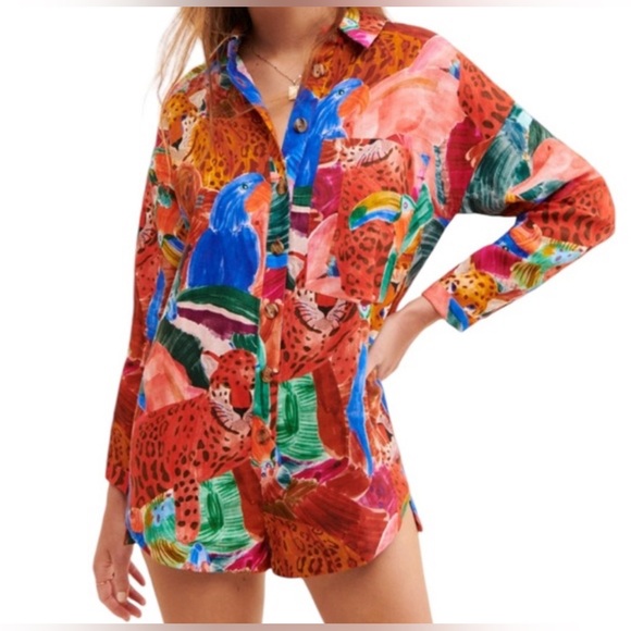 Farm Rio Anthropologie Linen Jungle Print Relaxed Linen Romper Long Sleeve Small - Picture 3 of 15